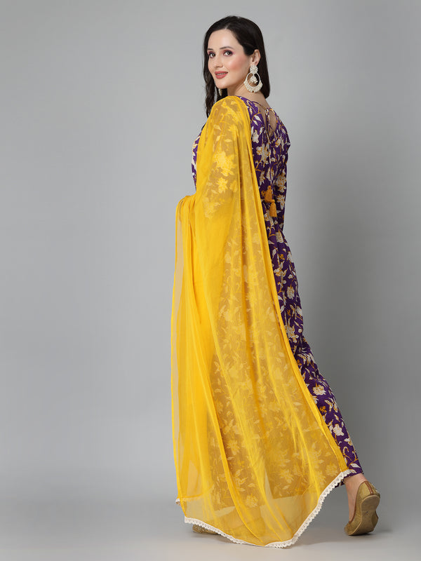 Stylum Women's Floral Printed Cotton Pleated Kurta Palazzo Dupatta Set (KPDVOILZAYLA)