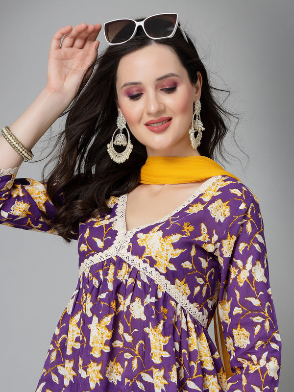 Stylum Women's Floral Printed Cotton Pleated Kurta Palazzo Dupatta Set (KPDVOILZAYLA)