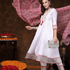 Stylum Women's White Solid & Embroidered Italian Crush Anarkali Kurta Pant Dupatta Set (KPDWHITEBANDRA)