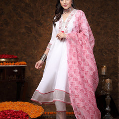 Stylum Women's White Solid & Embroidered Italian Crush Anarkali Kurta Pant Dupatta Set (KPDWHITEBANDRA)