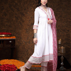 Stylum Women's White Solid & Embroidered Italian Crush Anarkali Kurta Pant Dupatta Set (KPDWHITEBANDRA)