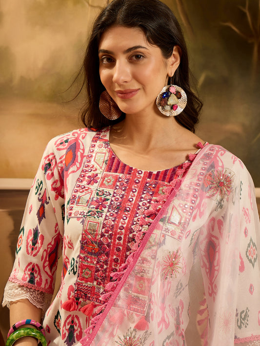 Stylum Women's White Ikat Printed & Embroidered Rayon A-Line Kurta Pant Dupatta Set (KPDWHITECASATTA)