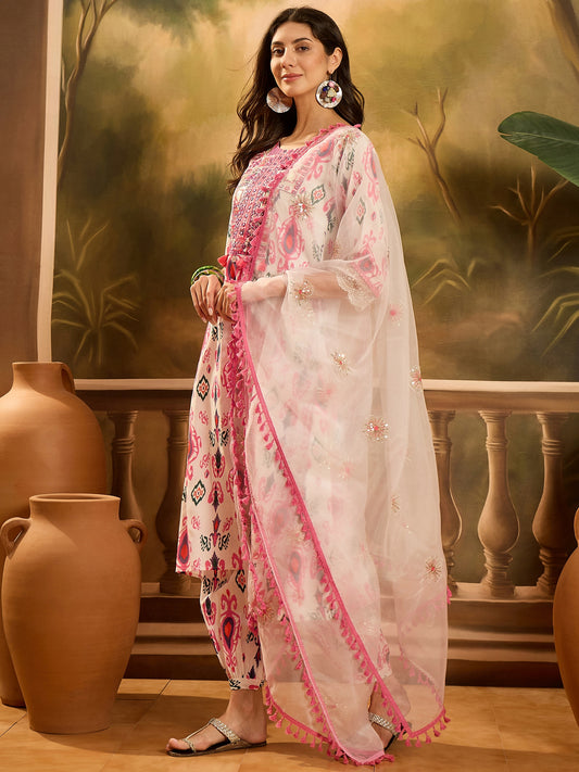 Stylum Women's White Ikat Printed & Embroidered Rayon A-Line Kurta Pant Dupatta Set (KPDWHITECASATTA)
