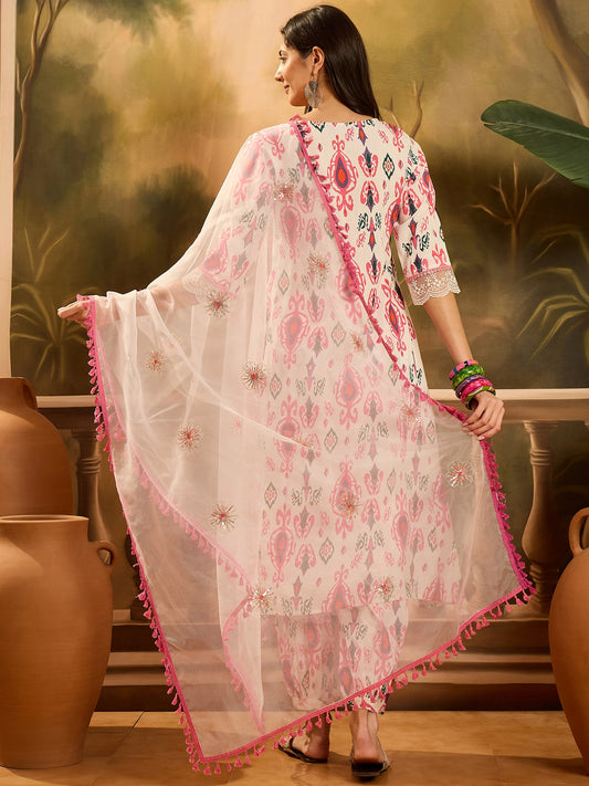 Stylum Women's White Ikat Printed & Embroidered Rayon A-Line Kurta Pant Dupatta Set (KPDWHITECASATTA)