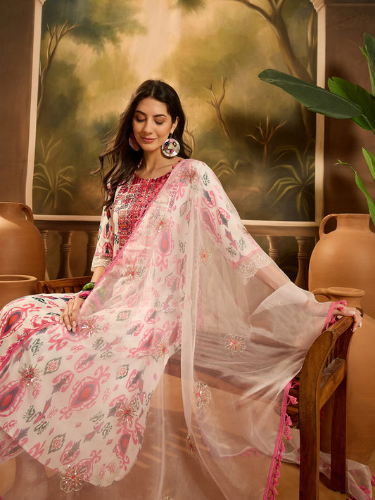 Stylum Women's White Ikat Printed & Embroidered Rayon A-Line Kurta Pant Dupatta Set (KPDWHITECASATTA)