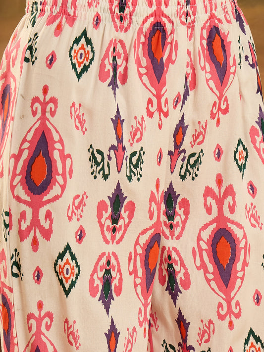 Stylum Women's White Ikat Printed & Embroidered Rayon A-Line Kurta Pant Dupatta Set (KPDWHITECASATTA)