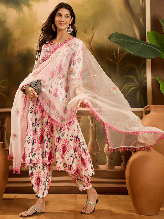Stylum Women's White Ikat Printed & Embroidered Rayon A-Line Kurta Pant Dupatta Set (KPDWHITECASATTA)