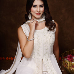 Stylum Women's White Georgette Embroidered Teired Kurta Pant Dupatta Set (KPDWHITEDAVID)