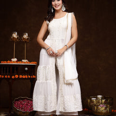 Stylum Women's White Georgette Embroidered Teired Kurta Pant Dupatta Set (KPDWHITEDAVID)