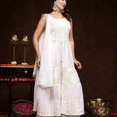 Stylum Women's White Georgette Embroidered Teired Kurta Pant Dupatta Set (KPDWHITEDAVID)