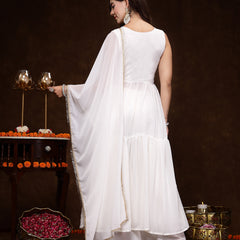 Stylum Women's White Georgette Embroidered Teired Kurta Pant Dupatta Set (KPDWHITEDAVID)