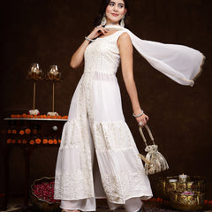 Stylum Women's White Georgette Embroidered Teired Kurta Pant Dupatta Set (KPDWHITEDAVID)
