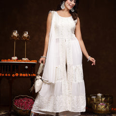 Stylum Women's White Georgette Embroidered Teired Kurta Pant Dupatta Set (KPDWHITEDAVID)