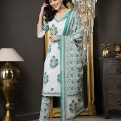 Stylum Women's White Ethnic Motif Printed Cotton Straight Kurta Pant Dupatta Set (KPDWHITEJALORI)
