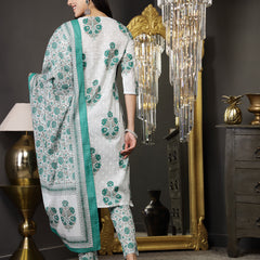Stylum Women's White Ethnic Motif Printed Cotton Straight Kurta Pant Dupatta Set (KPDWHITEJALORI)