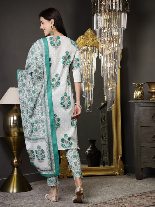 Stylum Women's White Ethnic Motif Printed Cotton Straight Kurta Pant Dupatta Set (KPDWHITEJALORI)