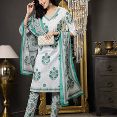 Stylum Women's White Ethnic Motif Printed Cotton Straight Kurta Pant Dupatta Set (KPDWHITEJALORI)