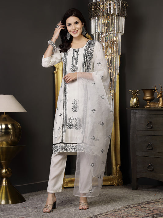 Stylum Women's White Pakistani Solid & Embroidered Silk Blend Straight Kurta Pant Dupatta (KPDWHITELEE)