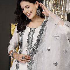 Stylum Women's White Pakistani Solid & Embroidered Silk Blend Straight Kurta Pant Dupatta (KPDWHITELEE)