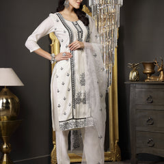 Stylum Women's White Pakistani Solid & Embroidered Silk Blend Straight Kurta Pant Dupatta (KPDWHITELEE)