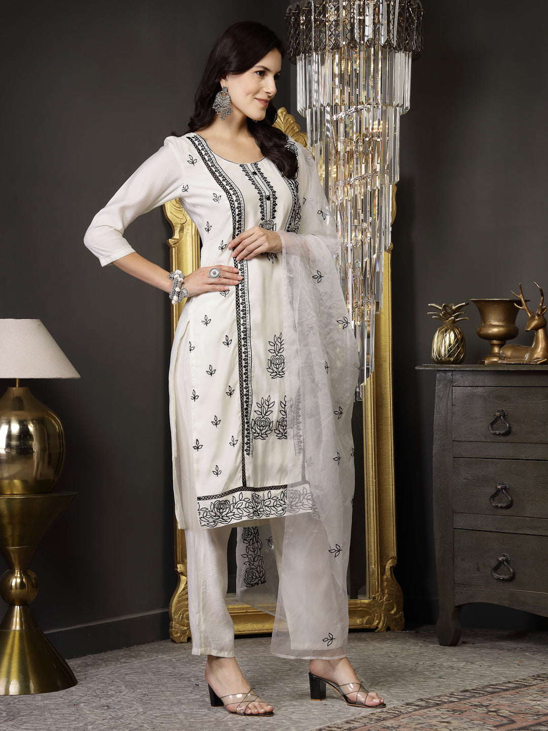 Stylum Women's White Pakistani Solid & Embroidered Silk Blend Straight Kurta Pant Dupatta (KPDWHITELEE)