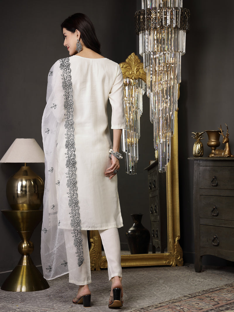 Stylum Women's White Pakistani Solid & Embroidered Silk Blend Straight Kurta Pant Dupatta (KPDWHITELEE)