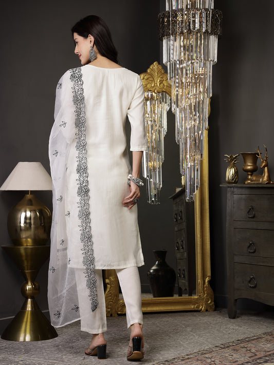 Stylum Women's White Pakistani Solid & Embroidered Silk Blend Straight Kurta Pant Dupatta (KPDWHITELEE)