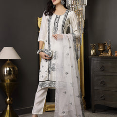 Stylum Women's White Pakistani Solid & Embroidered Silk Blend Straight Kurta Pant Dupatta (KPDWHITELEE)