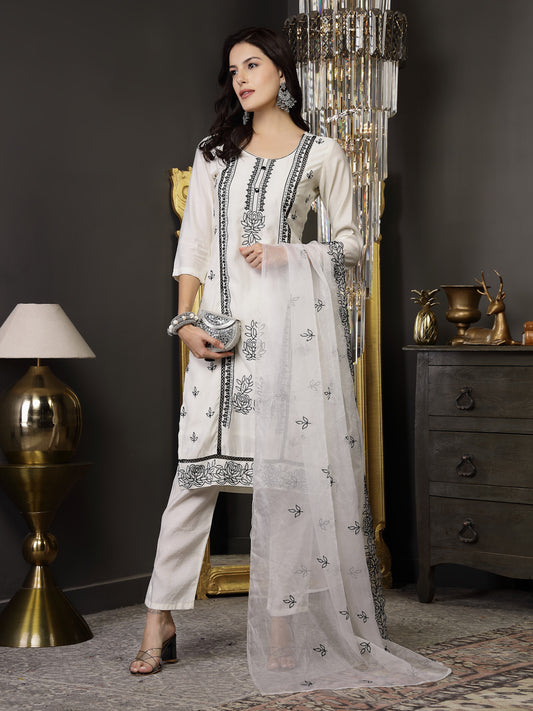 Stylum Women's White Pakistani Solid & Embroidered Silk Blend Straight Kurta Pant Dupatta (KPDWHITELEE)