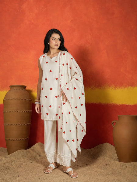 Stylum Women's White Solid & Embroidered Silk Straight Kurta Pant Dupatta Set (KPDWHITENIHARI)