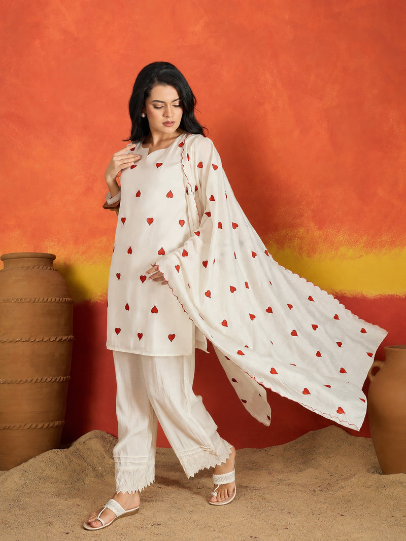 Stylum Women's White Solid & Embroidered Silk Straight Kurta Pant Dupatta Set (KPDWHITENIHARI)