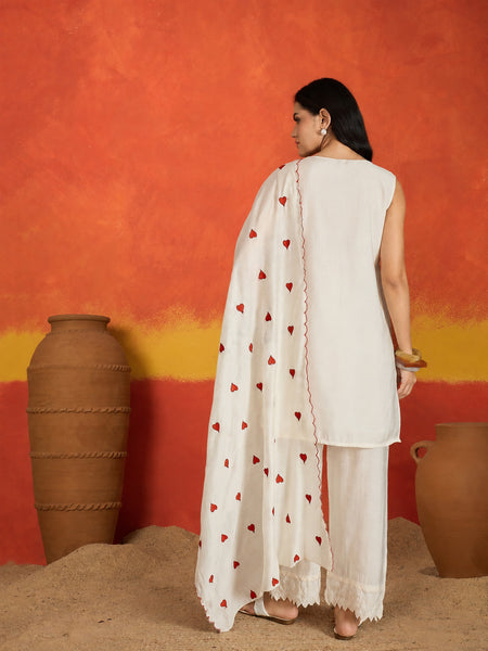 Stylum Women's White Solid & Embroidered Silk Straight Kurta Pant Dupatta Set (KPDWHITENIHARI)