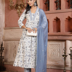 Stylum Women's White Paisley Printed & Embroidered Silk Blend A-Line Kurta Pant Dupatta Set (KPDWHITESARA)