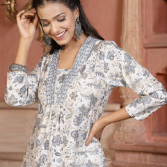 Stylum Women's White Paisley Printed & Embroidered Silk Blend A-Line Kurta Pant Dupatta Set (KPDWHITESARA)