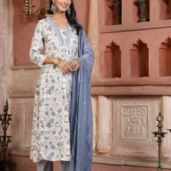 Stylum Women's White Paisley Printed & Embroidered Silk Blend A-Line Kurta Pant Dupatta Set (KPDWHITESARA)