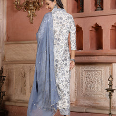 Stylum Women's White Paisley Printed & Embroidered Silk Blend A-Line Kurta Pant Dupatta Set (KPDWHITESARA)