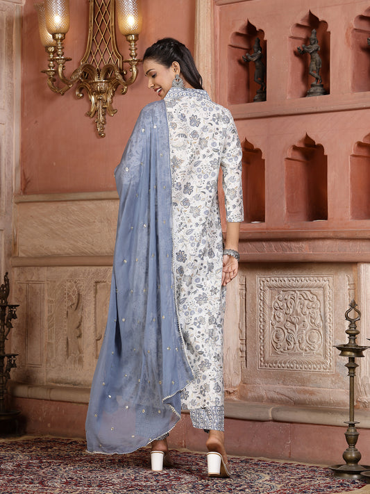 Stylum Women's White Paisley Printed & Embroidered Silk Blend A-Line Kurta Pant Dupatta Set (KPDWHITESARA)