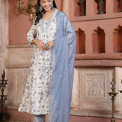 Stylum Women's White Paisley Printed & Embroidered Silk Blend A-Line Kurta Pant Dupatta Set (KPDWHITESARA)