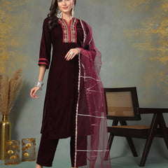 Stylum Women's Wine Solid & Embroidered Velvet Straight Kurta Pant Dupatta Set (KPDWINEAFRA)