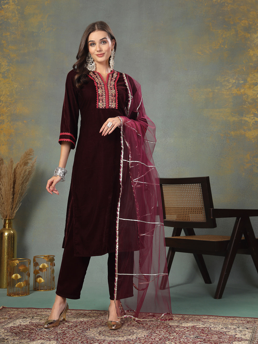 Stylum Women's Wine Solid & Embroidered Velvet Straight Kurta Pant Dupatta Set (KPDWINEAFRA)