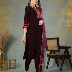 Stylum Women's Wine Solid & Embroidered Velvet Straight Kurta Pant Dupatta Set (KPDWINEAFRA)