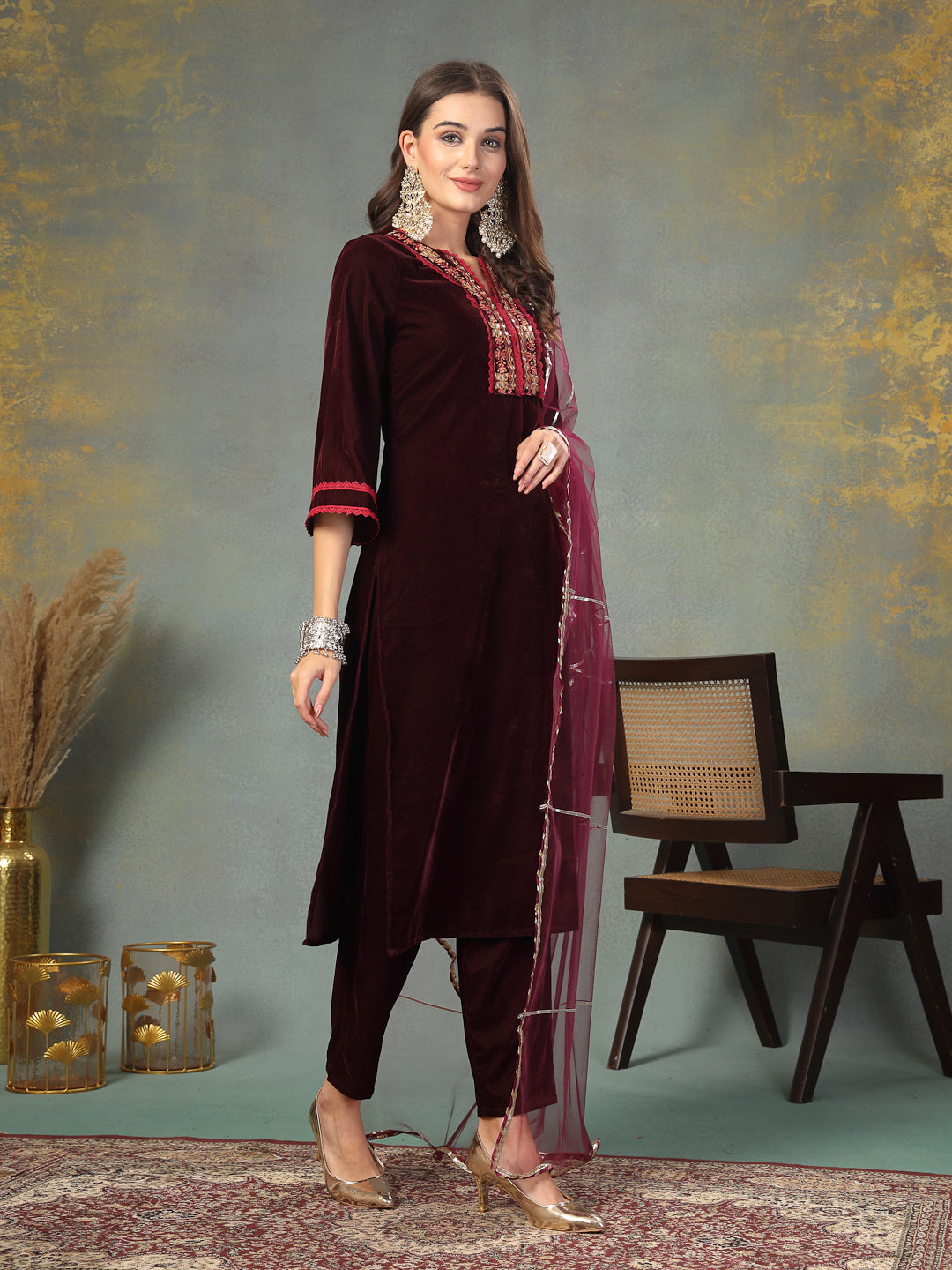 Stylum Women's Wine Solid & Embroidered Velvet Straight Kurta Pant Dupatta Set (KPDWINEAFRA)