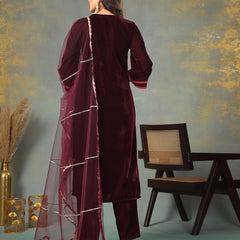 Stylum Women's Wine Solid & Embroidered Velvet Straight Kurta Pant Dupatta Set (KPDWINEAFRA)
