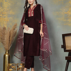 Stylum Women's Wine Solid & Embroidered Velvet Straight Kurta Pant Dupatta Set (KPDWINEAFRA)