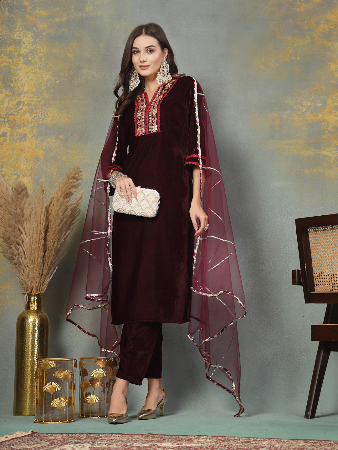 Stylum Women's Wine Solid & Embroidered Velvet Straight Kurta Pant Dupatta Set (KPDWINEAFRA)