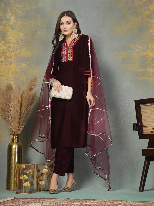 Stylum Women's Wine Solid & Embroidered Velvet Straight Kurta Pant Dupatta Set (KPDWINEAFRA)