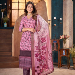 Stylum Women's Wine Tropical Printed & Embroidered Cotton Straight Kurta Pant Dupatta Set (KPDWINEAPPLE)