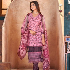 Stylum Women's Wine Tropical Printed & Embroidered Cotton Straight Kurta Pant Dupatta Set (KPDWINEAPPLE)