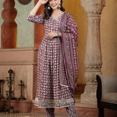 Stylum Women's Floral Printed Cotton Blend Angrakha Kurta Pant Dupatta Set (KPDWINEBHAVI)