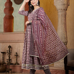 Stylum Women's Floral Printed Cotton Blend Angrakha Kurta Pant Dupatta Set (KPDWINEBHAVI)
